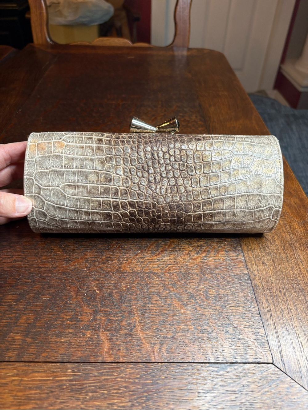 Stuart Weitzman Metallic Croc-Embossed Evening Clutch - Brown & Champagne